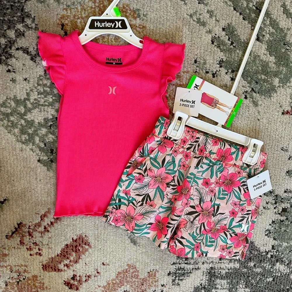 New Hurley Pink Top and Floral Shorts Set Size 3T Toddler Girl - Picture 10 of 12